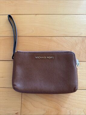 Michael Kors Brown Leather Wristlet Clutch with Strap